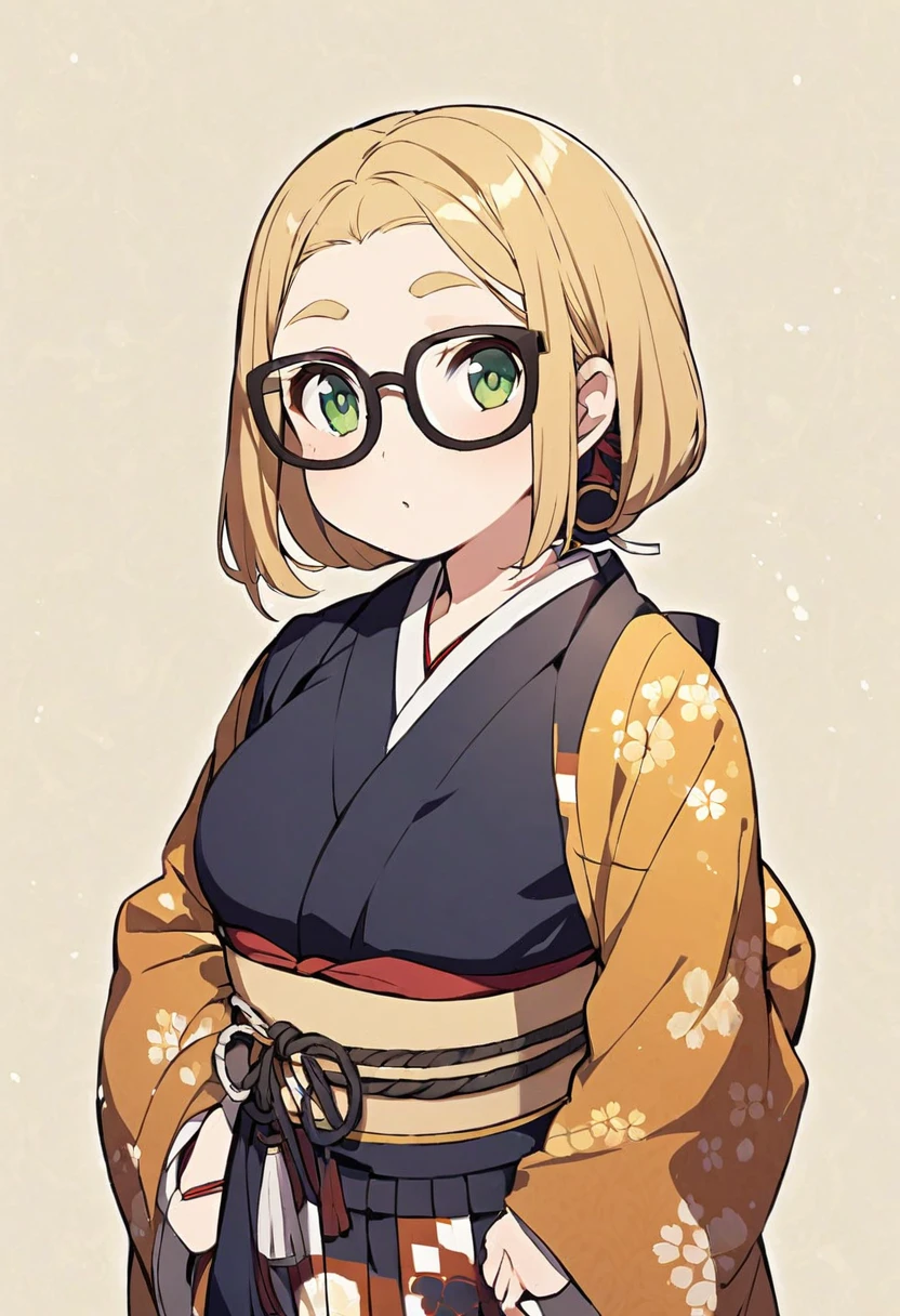 chubby girl, blonde, green eyes, medium length hair, without bangs in hair, glasses with black square frames Japanese clothing style, ancient japan
