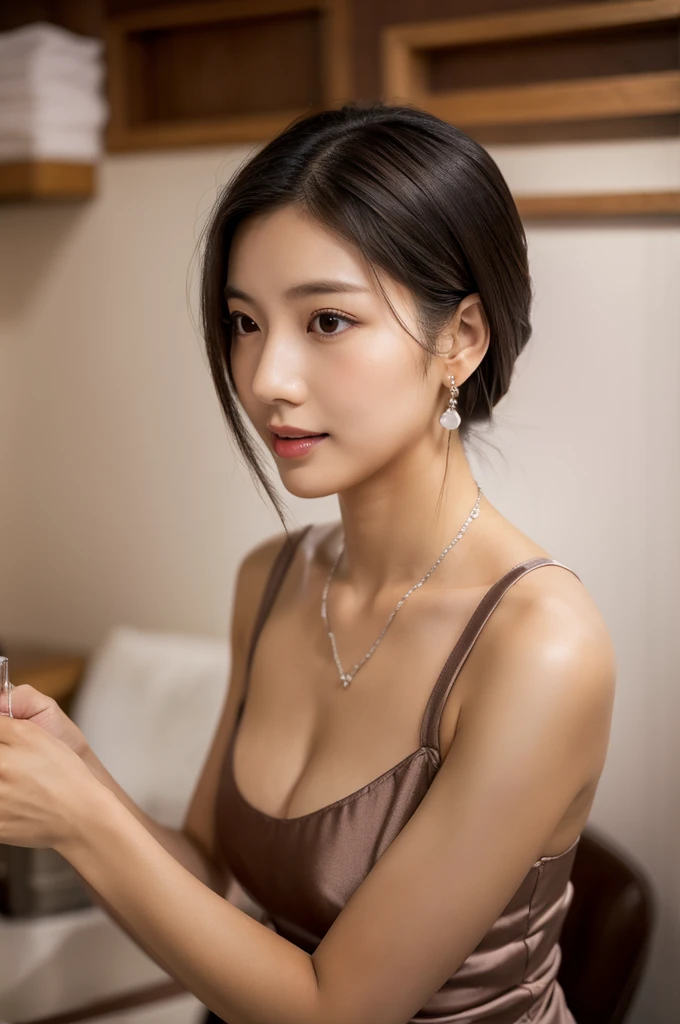 girl giving massage to customer, work clothes,((full body)),((photo)),((best qualtiy, 8K, tmasterpiece:1.3)), Focus:1.2, perfect figure beautiful girl:1.4,1girl,cowboy shot,look at viewer,incredibly absurd, beautiful and cute girl with a photorealistic face, showcasing top-quality craftsmanship, Japanese woman working at a massage parlor, 20 years old, straight black hair down to the jaw line, silky and straight hair, fair and clear skin, small face, straight nose, large round brown eyes, long eyelashes, plump cherry-colored lips, well-defined eyebrows, clean-cut face, long neck, beautiful décolleté line, , delicate, slender, beautiful C-cup breasts, silver necklace, small earrings, pretty older woman, beautiful, neat, soothing, devilish type, calm demeanor, soft-spoken, curious, likes alcohol, likes to try new things, mature, June