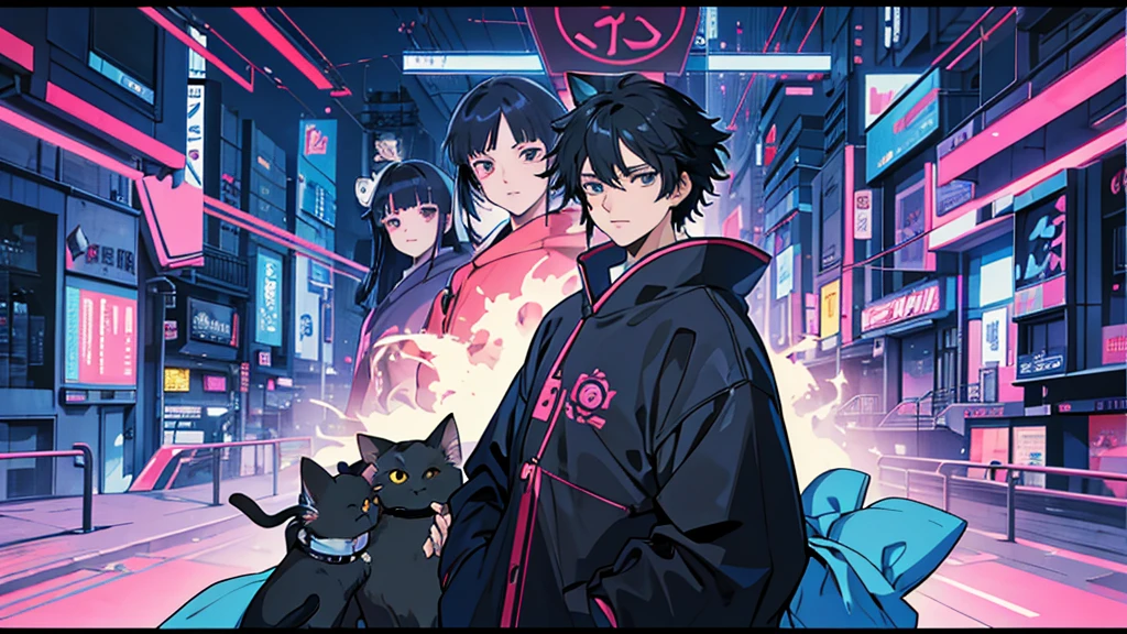 Disguised cat cute Black Hair male Anime Style Highest quality Japanese cyber punk Delicate quality Beautiful illustrations High quality down to the last detail