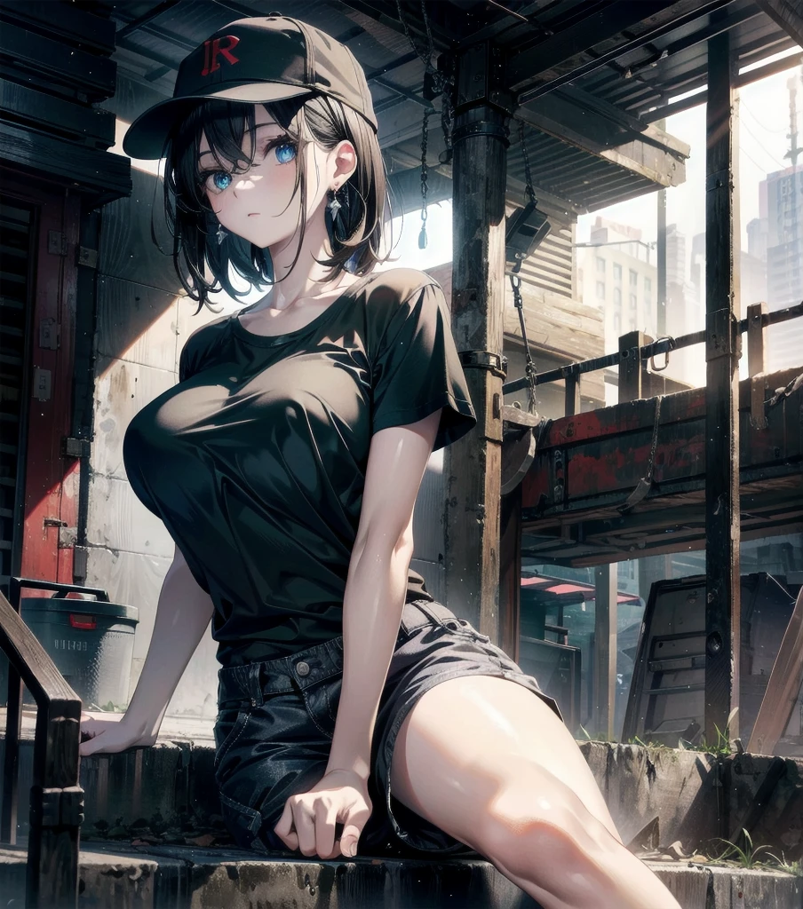 whole body, absurdres, RAW photo, extremely delicate and beautiful, masterpiece, Best Quality, ultra high resolution, 32k, hyperrealistic, ultra-detailed, perfect figure, perfect shape, detailed description, pale skin, 20 years old, detailed beautiful face and eyes, big tits, medium hair, black hair, tearful mole, earring, baseball cap, black T-shirt, cargo shorts,