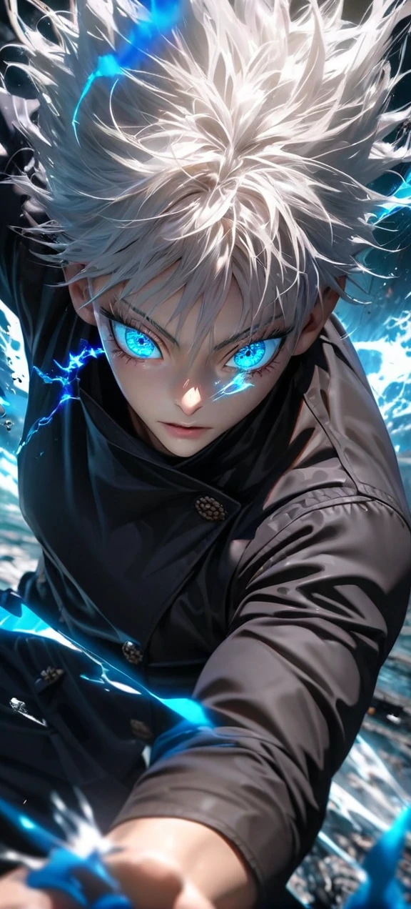 High quality, ultra realistic,absurdres, highres, ultra detailed, HDR, masterpiece, extremely detailed face and eyes, Gojo satoru , jujutsu kaisen,, white hair ,black shirt , solo, ,man, handsome, ,white eyeleshes, blue eyes , Epic fight scene, blue splashing effect,blue lightning effect,glowing glitters , close up,cool eyes, symetrical