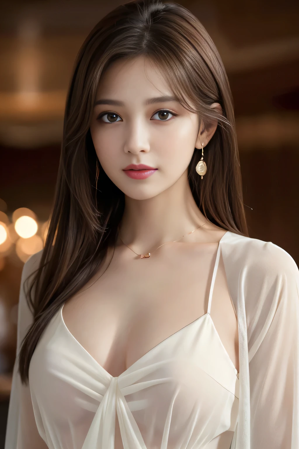 masterpiece, Highest quality, Realistic, Very detailed, Finer details, High resolution, 8k wallpaper, One beautiful woman, Wear an elegant white see-through shirt, In a great restaurant, At night, Light brown messy hair, Perfect dynamic composition, Beautiful and beautiful eyes、Big earrings