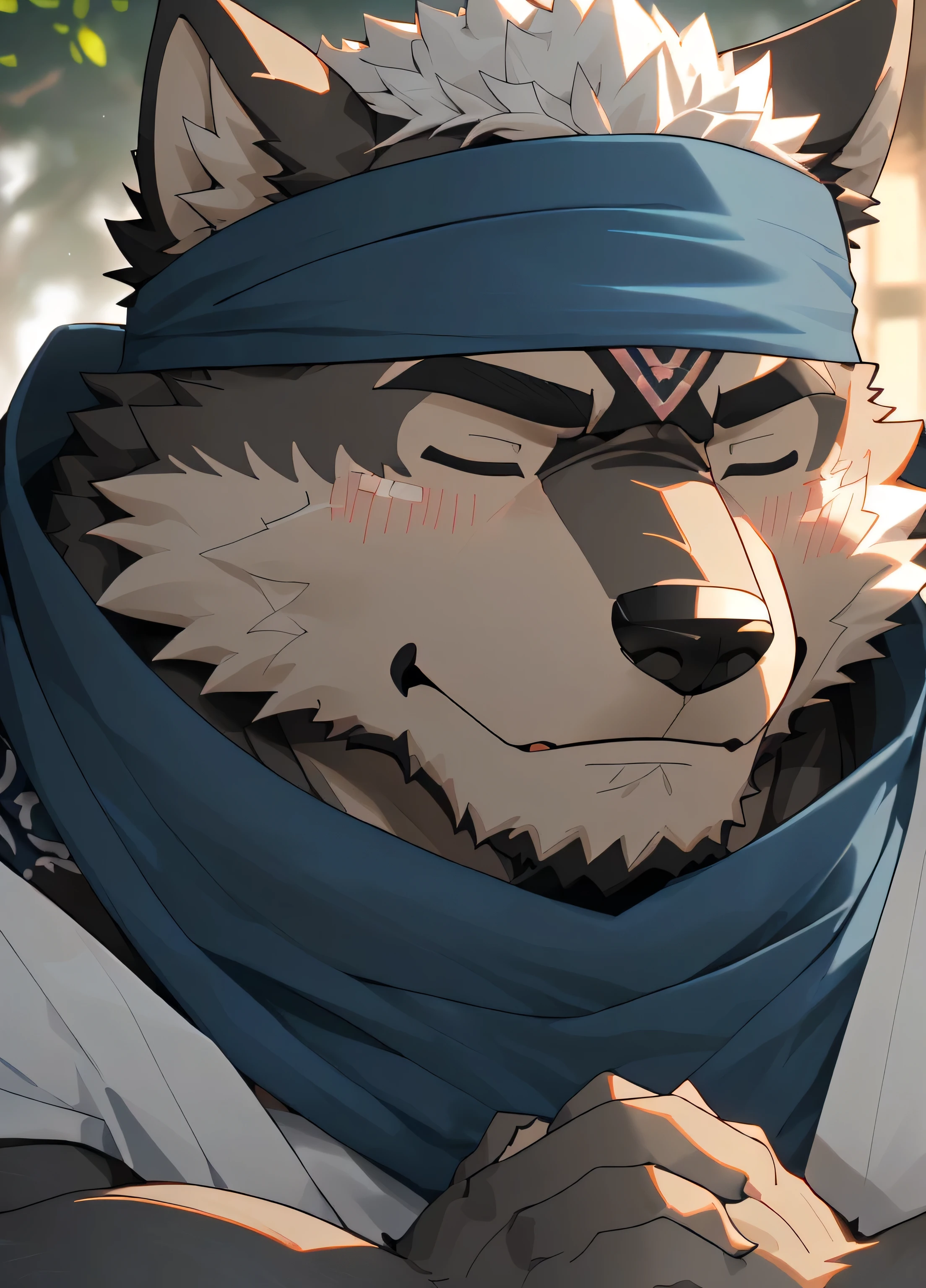 (masterpiece),(Very detailed),(best quality),hairy,Wolf,Dark black fur,white hair,Black eyebrows,Gray pupil,Muscular,(Japan samurai attire),((blue scarf)),((Brown headband)),(blush:1.1),((Hands together:1.3)),((Close your eyes)),(Pious),((Ultra HD close-up:1.4)),8K,(high quality),(Ultra high quality),(Super detailed),(Best Works)