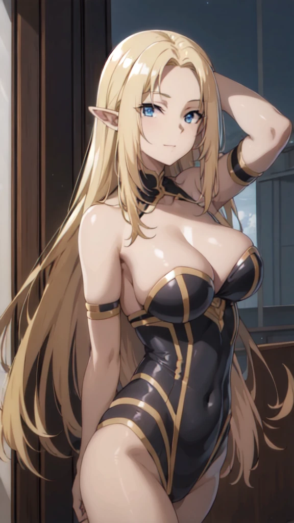 (Upper Body:1.3),Medium Shot,anime,masterpiece,gravure, 8k,Realistic, Beautiful woman,An elegant and mature elven woman, Elf Ears,blue eyes, Put your arms behind your head,(美的animeの目:1.3),Large Breasts,Blonde, Black bodysuit, smile,Beautiful breasts,8K resolution, High quality CG, Beautiful CG, Soft Light,View your viewers,(24-years-old),