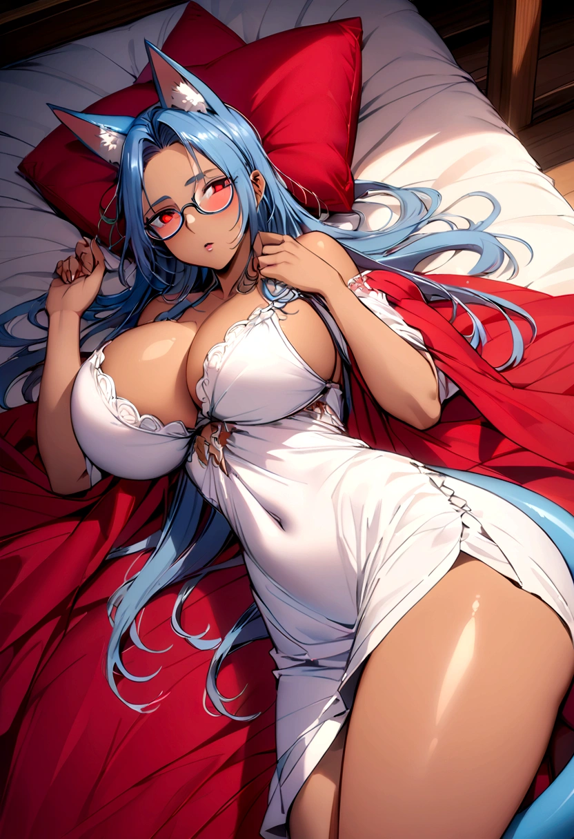  tall dark-skinned shark woman Shark ears and tail red eyes blue hair glasses big tits big ass big thig in a bad room lying in bed lying on a red blanket with hands up lying down