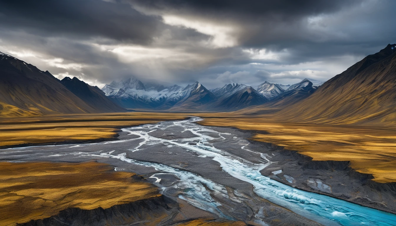image of a dramatic and intricate network of river deltas weaving through a rugged landscape with mountains in the background, under a moody sky. The rivers should have a distinct blue color contrasting with the golden brown hues of the terrain, reminiscent of the highlands of Iceland. Include dynamic lighting to enhance the textures and depth, capturing the essence of an epic journey through remote wilderness.