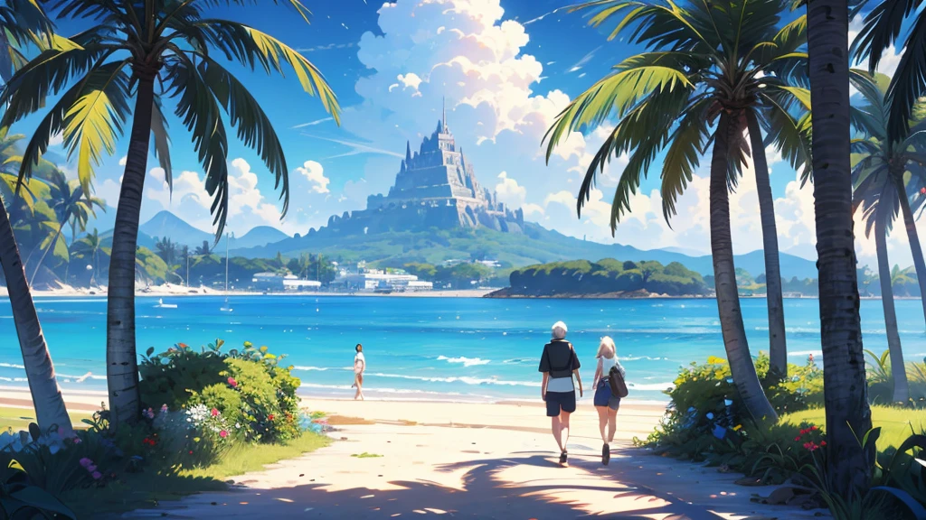 A couple of people walking down a street next to a mountain ,ancient city next to a mountain, anime background art, amazing wallpaper, background art, hd wallpaper, relaxing concept art, beautiful wallpaper, high quality desktop wallpaper, background artwork, pc wallpaper, anime background, tropical beach paradise, wallpaper hd, 8K image quality, Masterpiece
