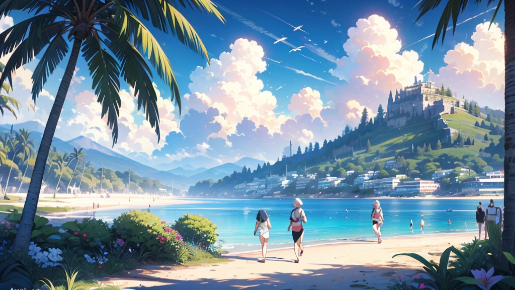 A couple of people walking down a street next to a mountain ,ancient city next to a mountain, anime background art, amazing wallpaper, background art, hd wallpaper, relaxing concept art, beautiful wallpaper, high quality desktop wallpaper, background artwork, pc wallpaper, anime background, tropical beach paradise, wallpaper hd, 8K image quality, Masterpiece