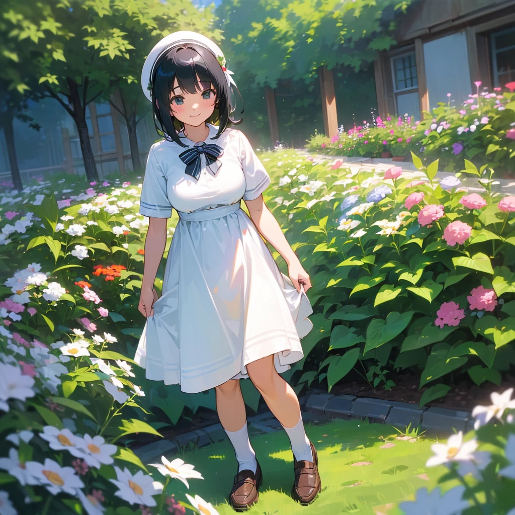 (high quality, High resolution, Very detailed, reality:1.37), Peaceful atmosphere, (Outdoor, garden),  girl standing alone, (my breasts are big.), Beautiful details, Cute Smile, (Black bob hair), White short-sleeved dress, White socks, loafers.