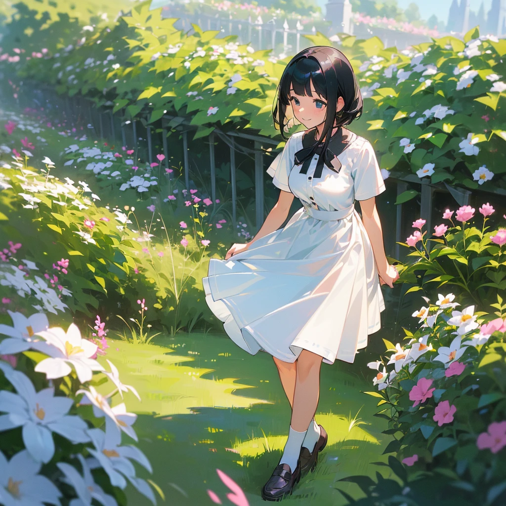 (high quality, High resolution, Very detailed, reality:1.37), Peaceful atmosphere, (Outdoor, garden), Teenage girl standing alone, (my breasts are big.), Beautiful details, Cute Smile, (Black bob hair), White short-sleeved dress, White socks, loafers.