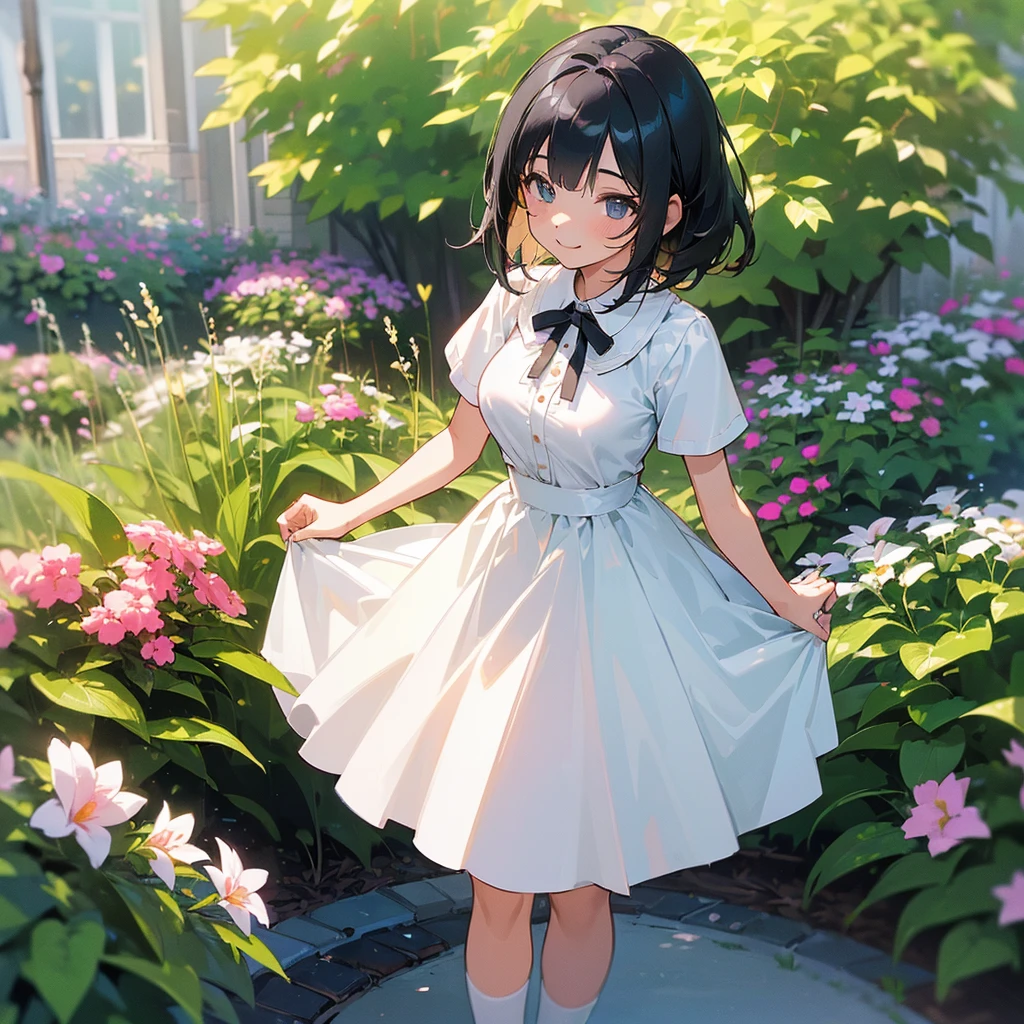 (high quality, High resolution, Very detailed, reality:1.37), Peaceful atmosphere, (Outdoor, garden), Teenage girl standing alone, (my breasts are big.), Beautiful details, Cute Smile, (Black bob hair), White short-sleeved dress, White socks, loafers.