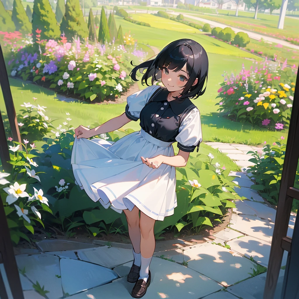 (high quality, High resolution, Very detailed, reality:1.37), Peaceful atmosphere, (Outdoor, garden), Teenage girl standing alone, (my breasts are big.), Beautiful details, Cute Smile, (Black bob hair), White short-sleeved dress, White socks, loafers.