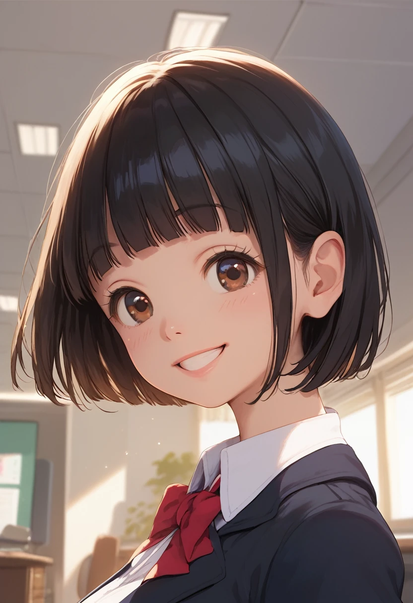 score_9,score_8_up,score_7_up,masterpiece,best quality, source anime, realistic, super detailed, extreme detailed, rating_explicit,
1girl, standing, upper body, (close-up face:1.3),
BREAK girl, 22yo, short hair, bob cut, (blunt bangs), black hair, (tareme, detailed cute brown eyes), curled eyelashes, (large breasts:0.9),
slender, small ass, slim legs,
white collared shirt, black jacket, black tight mini skirt,
smile,
office,