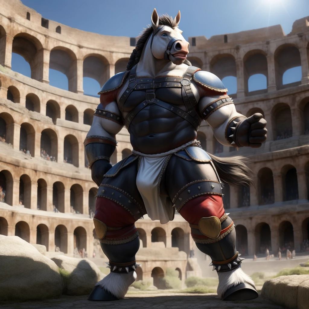 Furry, Kemono, Antropomorphic, Equine, Horse, (Color White), Furry Antropometric legs, Hooves, Antro body, Bigg Ass, Male Bulge, Bigg Balls, Full body, Braided Mane, Roman gladiator armor, Gladiator, Black leather harness, Spiked Anklet, White fitted fundoshi, Roman coliseum arena, Blue Pupil Eyes, High Resolution, 4K Detailed, Good Lighting, Beautiful, Photorealistic, Realistic