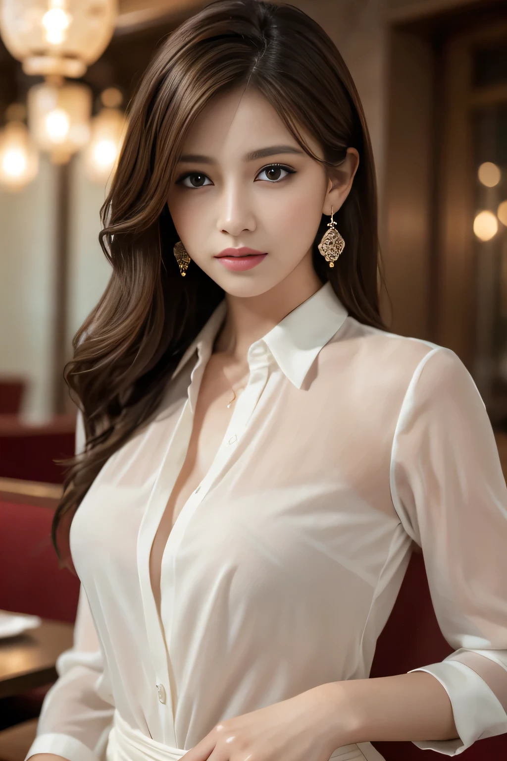 masterpiece, Highest quality, Realistic, Very detailed, Finer details, High resolution, 8k wallpaper, One beautiful woman, Wear an elegant white see-through shirt, In a great restaurant, At night, Light brown messy hair, Perfect dynamic composition, Beautiful and beautiful eyes、Big earrings