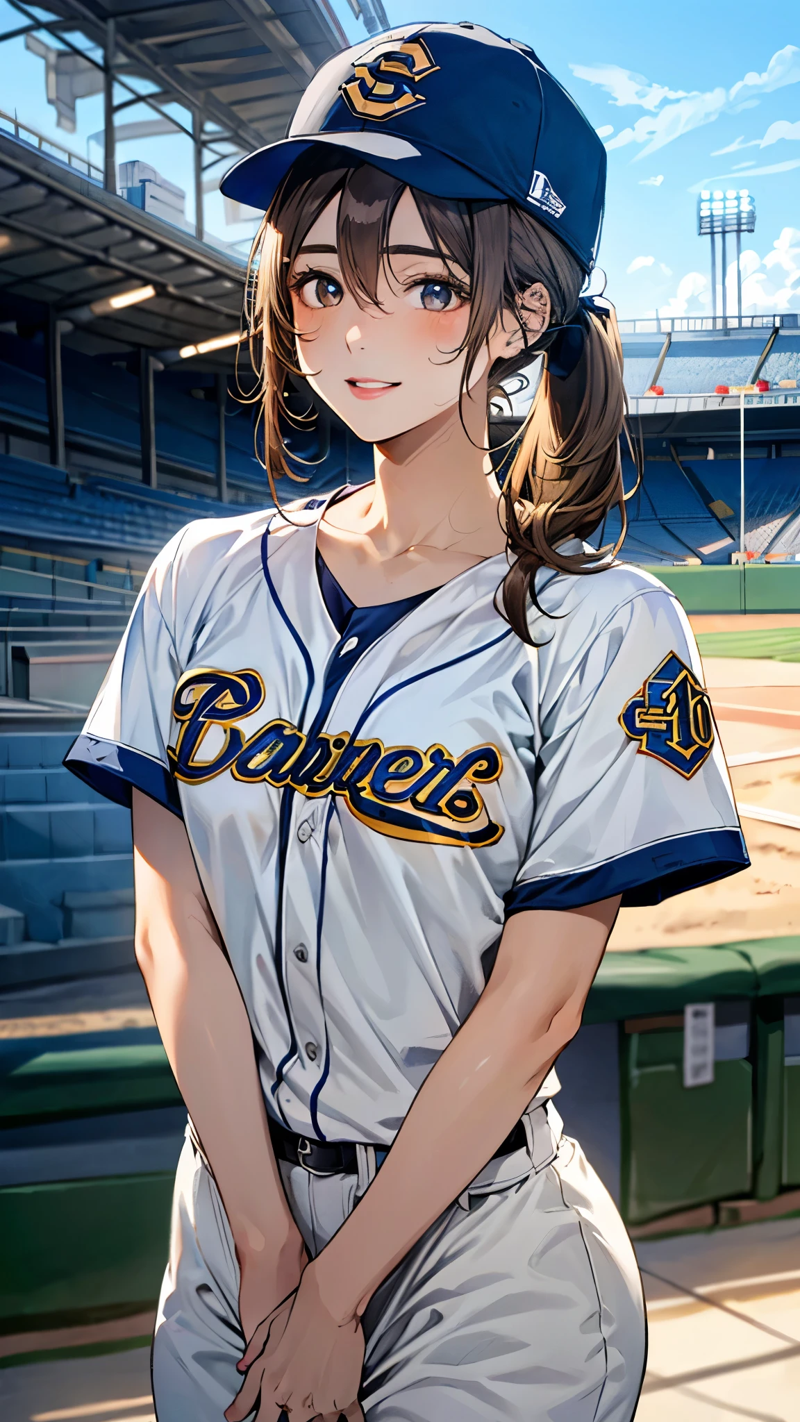 (masterpiece:1.3, top-quality, ultra high res, ultra detailed), (realistic, photorealistic:1.4), beautiful illustration, perfect lighting, natural lighting, colorful, depth of fields, ,
beautiful detailed hair, beautiful detailed face, beautiful detailed eyes, beautiful clavicle, beautiful body, beautiful chest, beautiful thigh, beautiful legs, beautiful fingers, shiny skin, 
looking at viewer, 1 girl, high school girl, baseball cosplay, (perfect anatomy, anatomically correct, super detailed skin), cute and symmetrical face, babyface, perfect face, perfect eyes, , 
(middle hair:1.5, side ponytail:1.2, light brown hair), hair between eyes, blue eyes, big eyes, long eye lasher, (medium breasts:1.4, seductive thighs), skin dendation, 
(detailed cloth texture, baseball uniform:1.2, baseball cap), 
(beautiful scenery), summer, late afternoon, (baseball stadium:1.1), standing, (lovely smile, upper eyes, parted lips), diffused natural sunlight, diffused natural skin glow, 