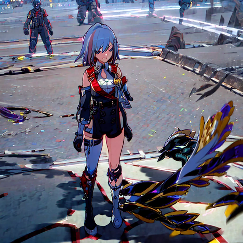 A blue-haired girl has a sad expression and is smiling. Her clothes are looking like a cyberpunk girl. About