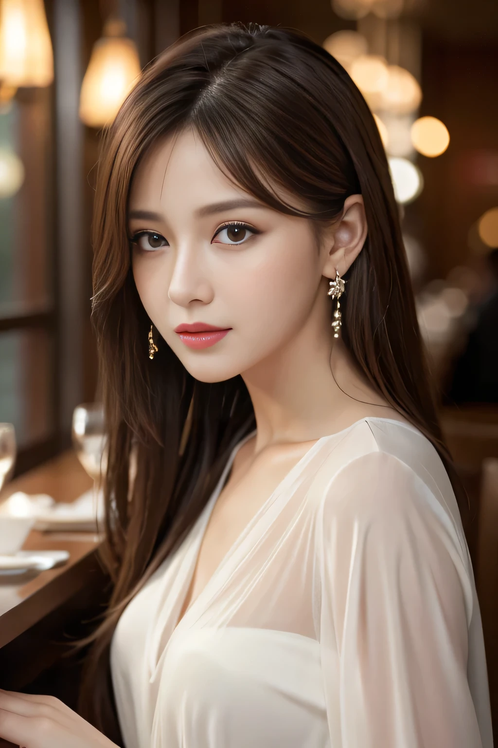 masterpiece, Highest quality, Realistic, Very detailed, Finer details, High resolution, 8k wallpaper, One beautiful woman, Wear an elegant white see-through shirt, In a great restaurant, At night, Light brown messy hair, Perfect dynamic composition, Beautiful and beautiful eyes、Big earrings