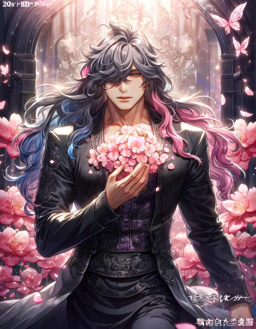 absurdres, highres, ultra detailed, HDR, master piece, best quality, Undertaker, gray long hair, hair over both eyes, untamed hair, kuroshitsuji, solo, sexy man, handsome, black clothes, magical, fantasy, shining, pink flowers, pink blossoms, pink butterflies, pink petals, water