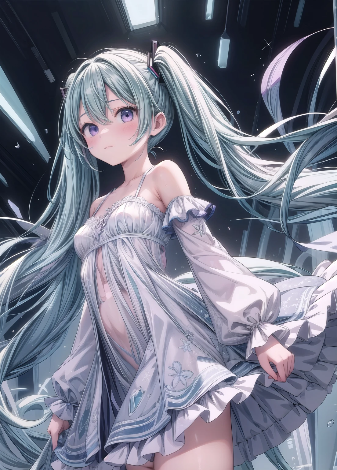 (masterpiece、最high quality、最high quality、Official Art、Beautiful and beautiful:1.2)、(One girl:1.3)Hatsune Miku、Twin tails,Beautiful breasts,high quality、Colorful color palette、high resolution、pretty girl、An unprecedented amount of drawing、Anime Style、Geometric background、Positive、Sticker Style、Long Hair、Light blue hair、Purple eyes
