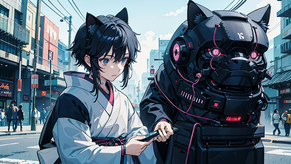Disguised cat　cute　Black Hair　male　Anime Style　Highest quality　Japanese　cyber punk　Delicate quality　Beautiful illustrations　High quality down to the last detail