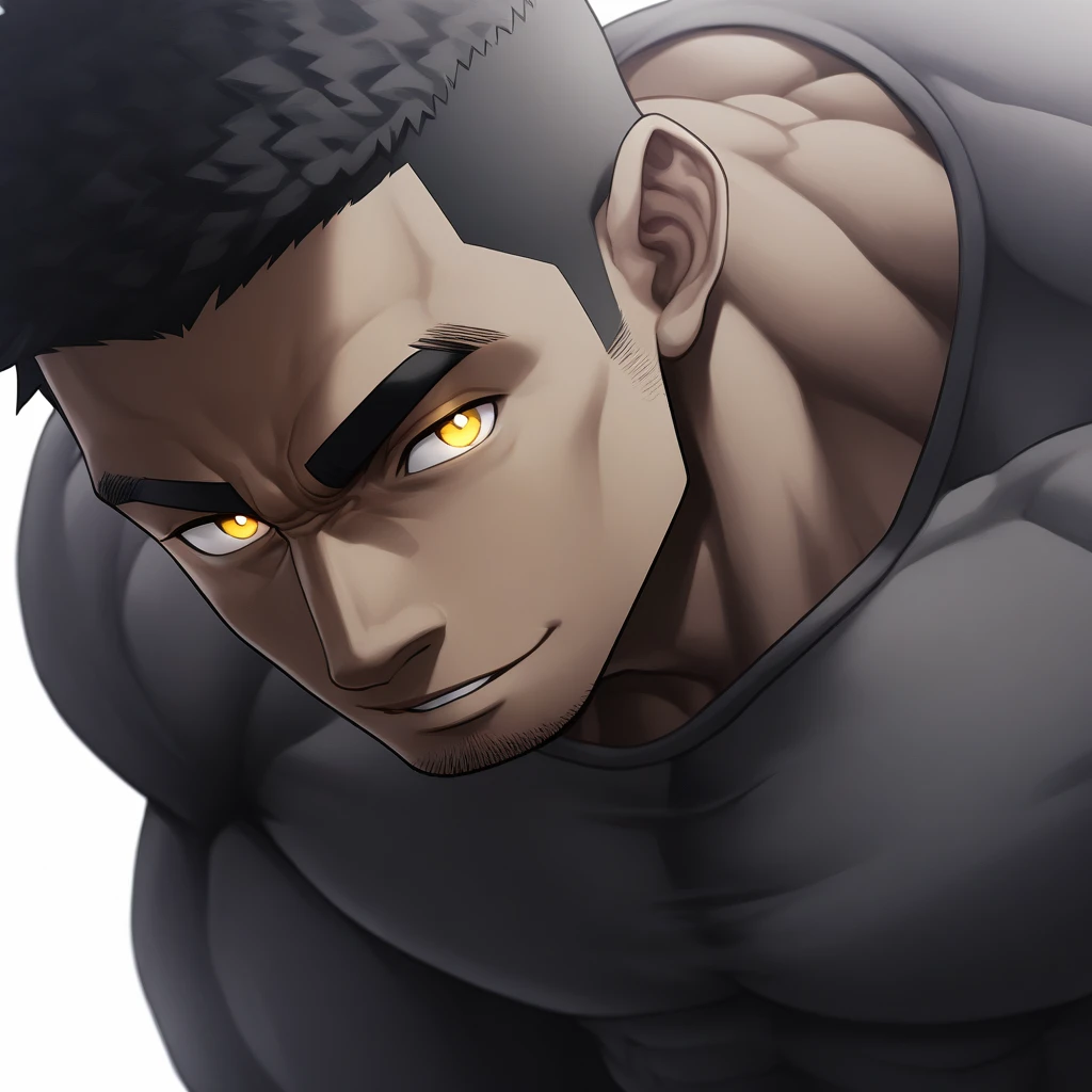 negro, negro, negro, anime characters:Gyee, Muscle Sports Student, negro black skin, Very Black, 1 muscular tough guy, Manliness, male focus, Dark grey and Yellow long sleeve tights, Regular symmetrical pattern, Very tight, The pectoral muscles are oversized, Slightly transparent, muscular male, muscular, only, Upper body, alone, Black short hair, Thick eyebrows, stubble, Yellow eyes, White background, simple background, amazing quality, best aesthetics, Ridiculous, bright pupils, crew cut, parted lips, seductive smile, torogao, naughty face, best quality