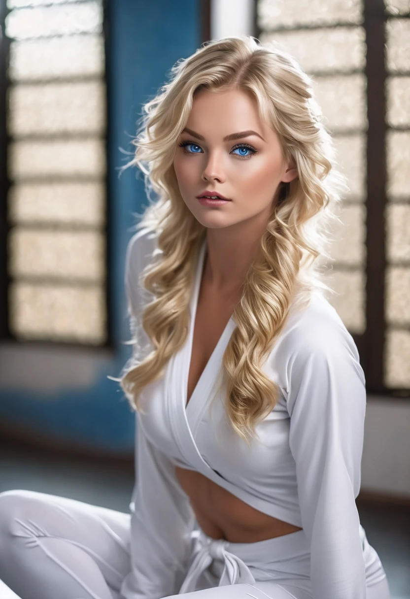 Make an image of a blonde with blue eyes with hair curled like angels in black leggings and barefoot and she is the most beautiful in the world shitting on the floor in a karate outfit