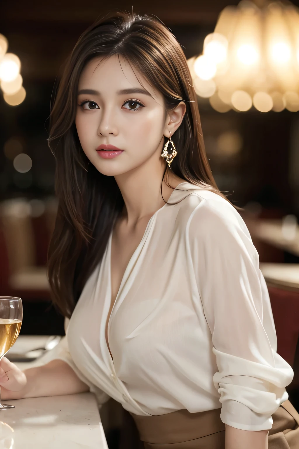 masterpiece, Highest quality, Realistic, Very detailed, Finer details, High resolution, 8k wallpaper, One beautiful woman, Wear a white see-through shirt, In a great restaurant, At night, Light brown messy hair, Perfect dynamic composition, Beautiful and beautiful eyes、Big earrings