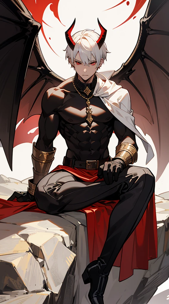 Handsome man, white hair, very short hair, ((crew cut: 1)), red eyes, fair skin, ((muscular: 1)), man, 28 years old, wearing a white hood, gold and silver details, leather shawl brown, baggy pants, gray boots, black and brown belts, black boots, brown gloves, lots of belts, demonic angel wings, six wings, black wings, demon horn, black scales, black scales on neck, black lizard tail, demonic form, angel form, half and half man sitting, muscular, sexy, sitting on a rock, background forest, black trees, trees with red leaves