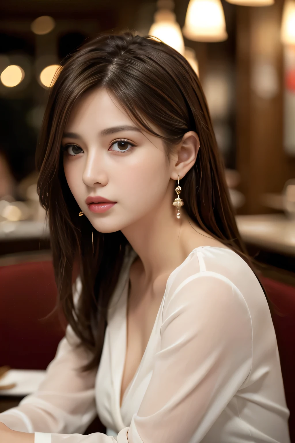 masterpiece, Highest quality, Realistic, Very detailed, Finer details, High resolution, 8k wallpaper, One beautiful woman, Wear a white see-through shirt, In a great restaurant, At night, Light brown messy hair, Perfect dynamic composition, Beautiful and beautiful eyes、Big earrings