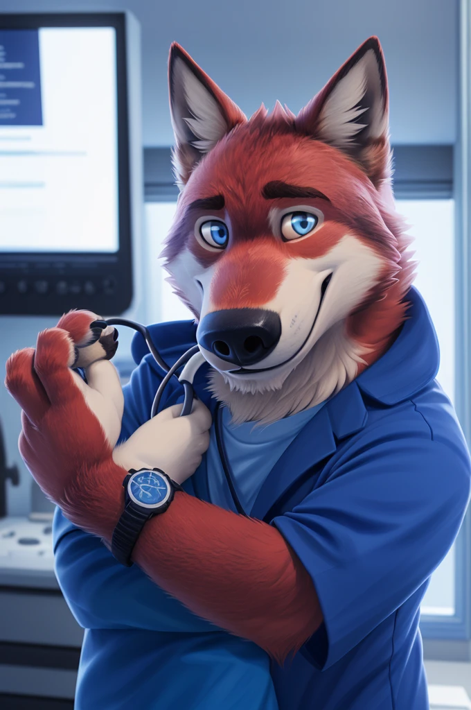Ivan Fedorovich Wolfbach (Novosibirsk) ,tall handsome, wolf,young, 24 years, brown fur,Kind,(red body:1.3),beautiful blue eyes,Novosibirsk,dressed, мединский костюм stethoscope,Dr,самый Kind, canine, wolf, detailed fur, male, antro, paw pads, finger claws,at viewer, 5 fingers, paws, 5 fingers, smile, wrist watch, т nextel,by xenoforge, (difficult, high detail, digital photography, soft focus, RAW species палаты ,very close to the camera, species,Novosibirsk, smile, a good mood, positive, very close to the camera,intensive care unit, newborns, stethoscope, in the neck,
Photorealism, realistic, photorealistic, digital style, Subsurface scattering,Looking at the viewer,hugs the she-wolf,
masterpiece, Best quality, ultra realistic, 8 k)