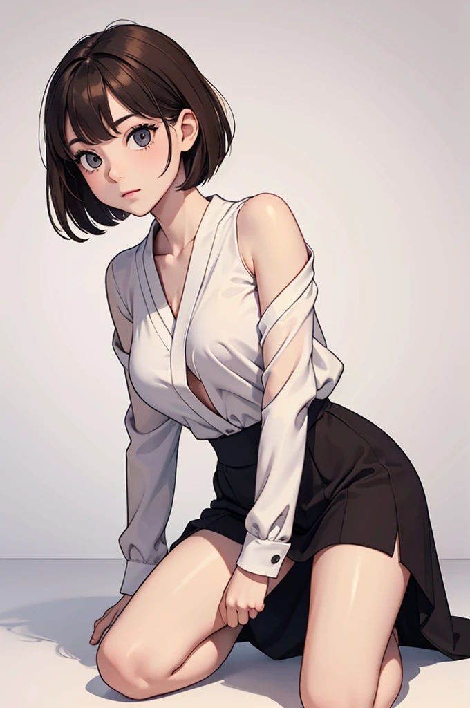 (((masterpiece, best quality, ultra highres, 1 girl, solo, no background))), super detailed skin and face and eyes and finger, beautiful japanese woman, small breasts:1.5, skinny, light brown hair, white background, very short hair, (an illustration of girl), Knee shot, Generate with illustrations, Various expressions, Various poses, Various Costumes, spread legs, Please draw the entire character within the frame, ensuring that the head, arms, and legs are not cut off. The background should be simple, with the character positioned centrally,