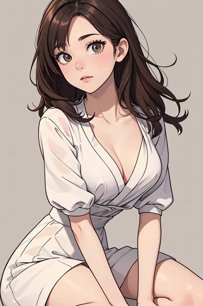 (((masterpiece, best quality, ultra highres, 1 girl, solo, no background))), super detailed skin and face and eyes and finger, beautiful japanese woman, small breasts:1.5, skinny, light brown hair, white background, very short hair, (an illustration of girl), Knee shot, Generate with illustrations, Various expressions, Various poses, Various Costumes, spread legs, Please draw the entire character within the frame, ensuring that the head, arms, and legs are not cut off. The background should be simple, with the character positioned centrally,