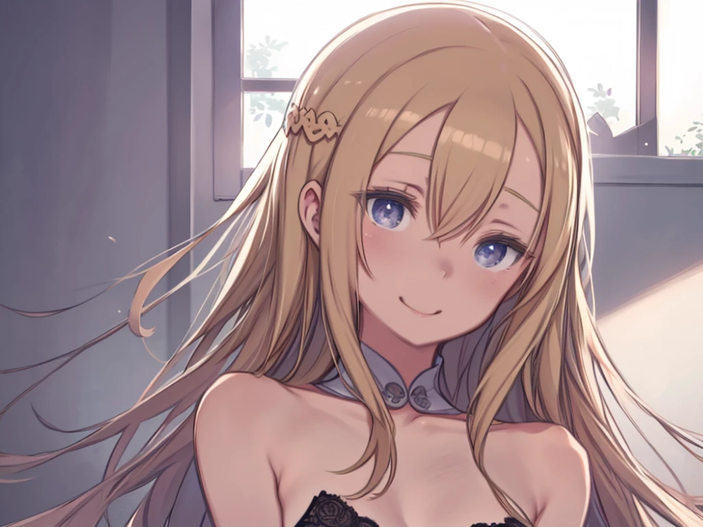 beautiful blonde long hairstyle、hair band、Absurd、Sexy Lingerie 、Emphasize the chest、Cute young woman、 deep and detailed Eyes、beautiful, delicate and detailed purple eyes、Very beautiful and delicately shining eyes、Waking up face with attention to detail、Eyes half closed、Wink、;d、Beautiful, delicate, flowing hair、beautiful delicate and detailed hands、Very delicate and slender fingers、Lie、alone、とてもbeautifulイラスト、かわいくてbeautiful, beautiful face very delicate and detailed、Bedroom、bed、Inside the room、morning、morning day