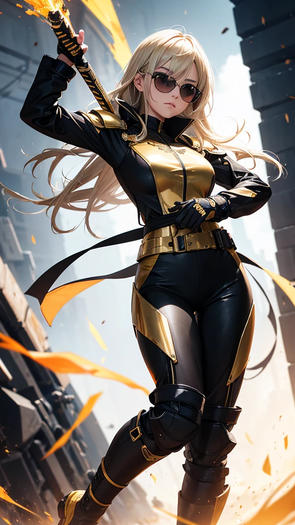 random angle close portrait, brush drawing image, beautiful Thai female teen, aged 20, dynamic fighting action pose with gold advanced sci-fi sword, advanced black sport sunglasses, long blonde hair with, glossy black slim fit sci-fi short pants jumpsuits with weapons holster on thighs, black sci-fi shoulders and arms armour, black gloves, gold smoke explode, white background, 8k resolution
