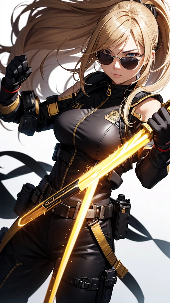 random angle close portrait, brush drawing image, beautiful Thai female teen, aged 20, dynamic fighting action pose with gold advanced sci-fi sword, advanced black sport sunglasses, long blonde hair with, glossy black slim fit sci-fi short pants jumpsuits with weapons holster on thighs, black sci-fi shoulders and arms armour, black gloves, gold smoke explode, white background, 8k resolution