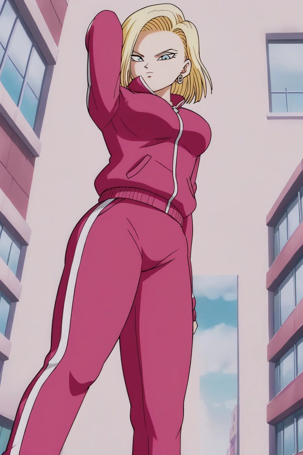 source_anime, score_9, score_8_up, score_7_up, anime screencap, detailed face, android 18, supertop, 1girl, solo, looking at viewer, short hair, blue eyes, blonde hair, collarbone, hoop earrings, city, open track jacket, open pink jacket, open jacket, white bra, track suit, track pants, pink pants, standing, from below, big breasts, sexy hips, big ass, thick legs, sexy body.
