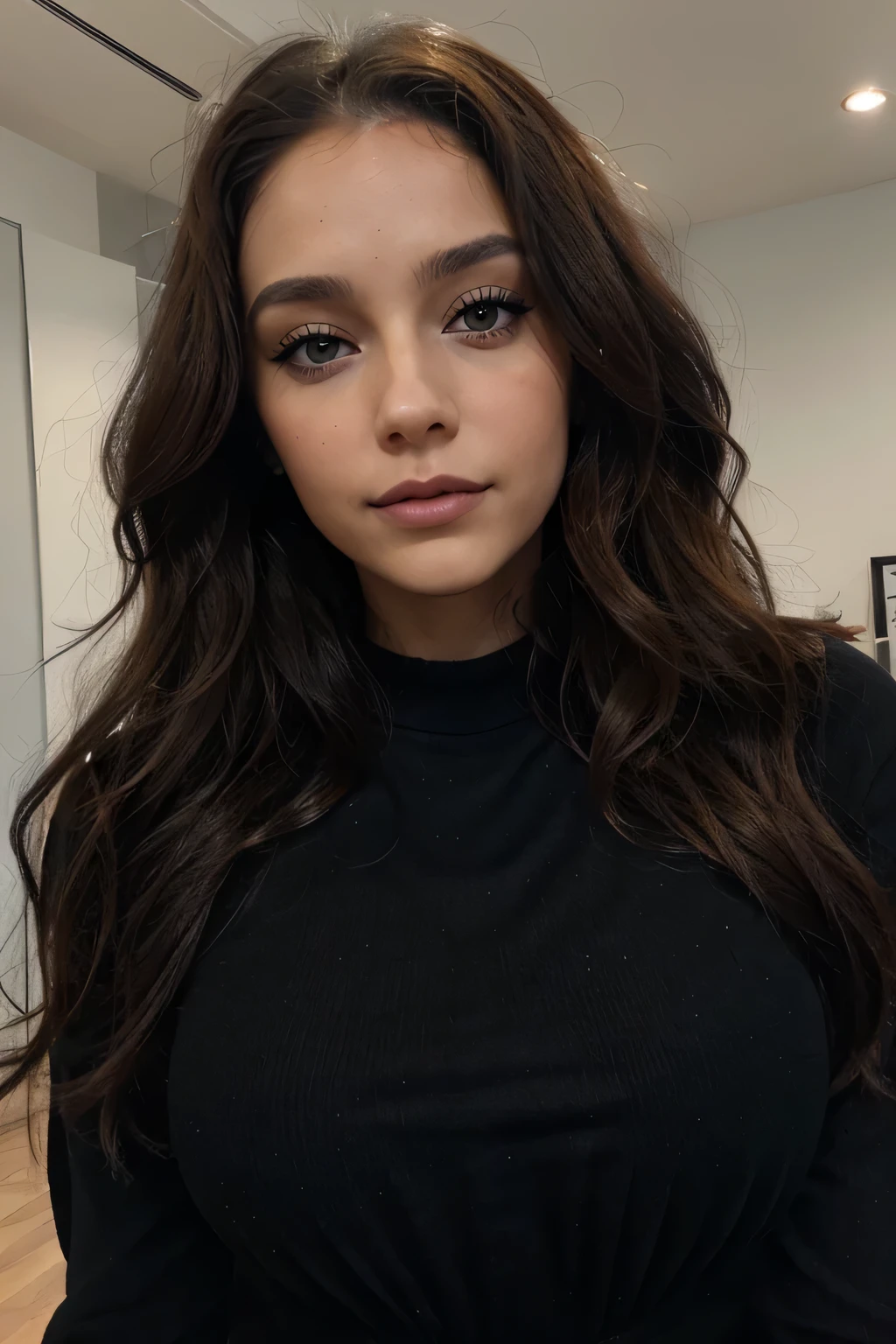 femme de 29 ans, long brown slightly curly hair, yeux bleus, visage parfait, professional makeup like model, C et portant un haut noir,latine