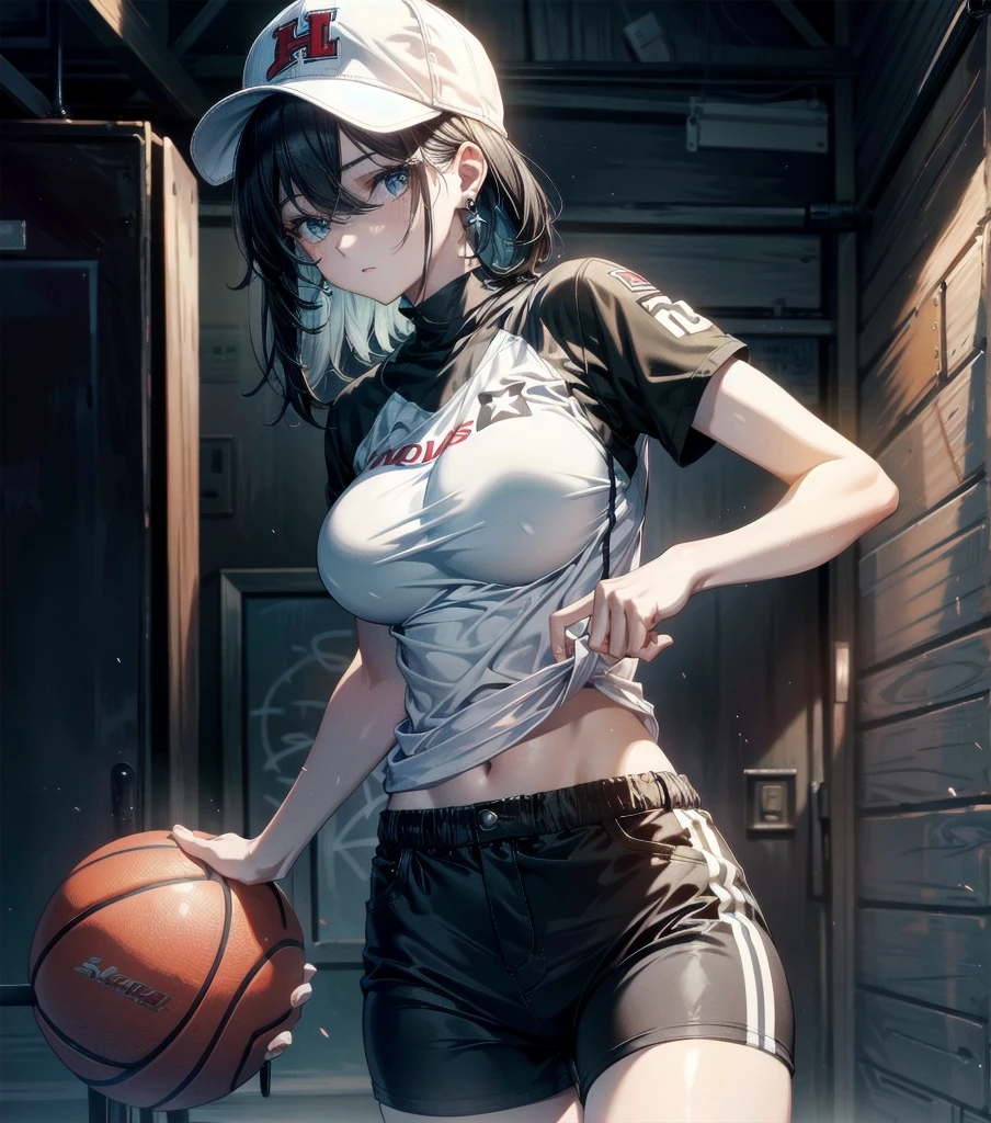 whole body, absurdres, RAW photo, extremely delicate and beautiful, masterpiece, Best Quality, ultra high resolution, 32k, hyperrealistic, ultra-detailed, perfect figure, perfect shape, detailed description, pale skin, 20 years old, detailed beautiful face and eyes, big tits, medium hair, black hair, tearful mole, earring, Basketball shirt, baseball cap, Hot Pants,