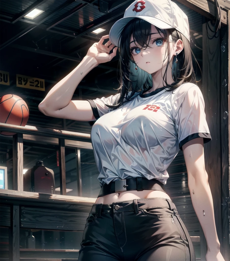 whole body, absurdres, RAW photo, extremely delicate and beautiful, masterpiece, Best Quality, ultra high resolution, 32k, hyperrealistic, ultra-detailed, perfect figure, perfect shape, detailed description, pale skin, 20 years old, detailed beautiful face and eyes, big tits, medium hair, black hair, tearful mole, earring, Basketball shirt, baseball cap, Hot Pants,