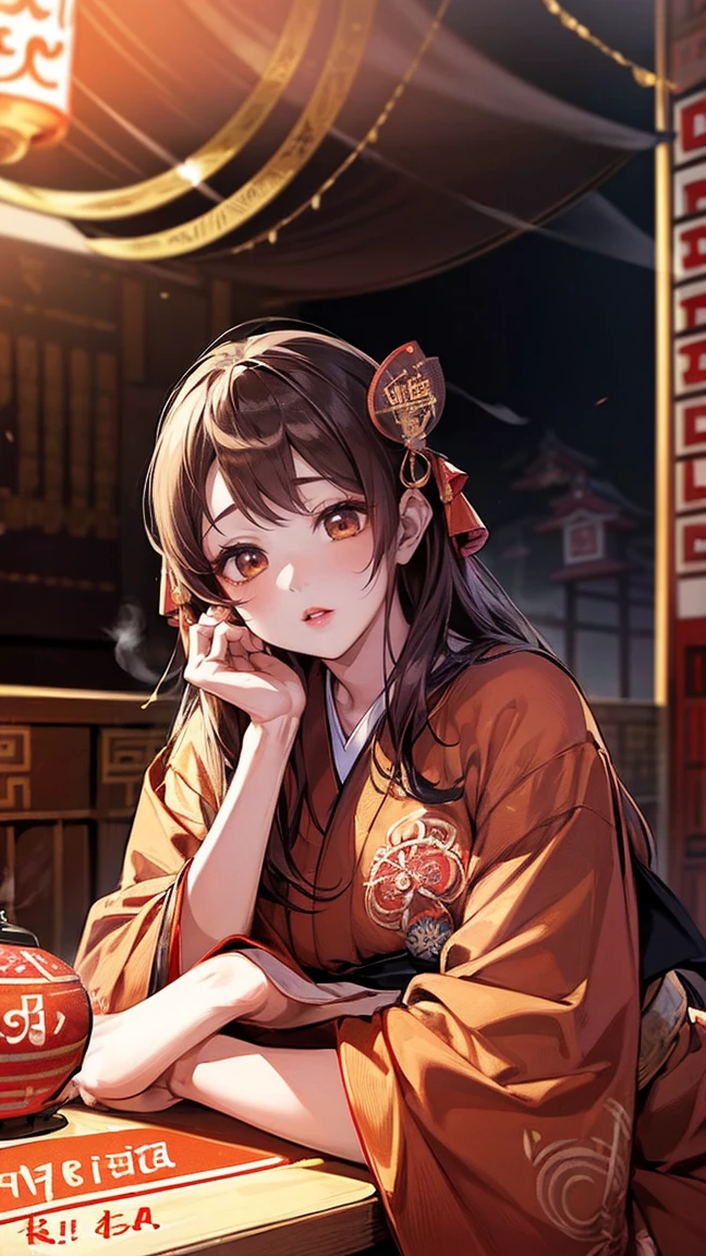 Highest quality、masterpiece、8k、Realistic、超High resolution、Very delicate and beautiful、High resolution、Cinema Lighting、Face close-up、Perfect female body、Opposition、Looking at the audience、((Oiran、Gorgeous kimono、Vibrant colors、embroidery、band、hairpin、((Date Hyogotaka:1.6))、Gorgeous hair ornament、Powder Makeup、red lips、Delicate hand movements、Graceful posture))、Parade、On the tatami、golden screen、Folding fan、Tents、Traditional beauty、A fleeting expression、smoke tube、Elegant atmosphere、Historical background、Night scene、Glossiness、Elegance、Bewitching Charm
