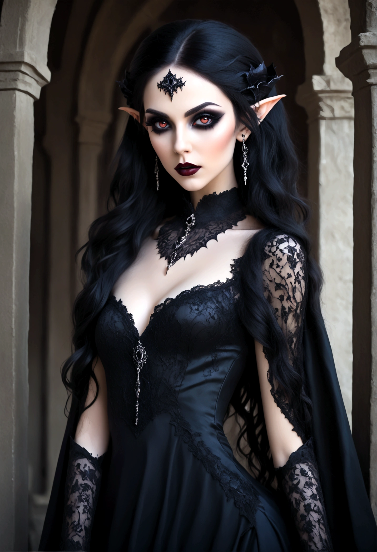 Create an image of the most stunningly gorgeous beautiful perfect sexy vampire elf, beautiful perfect face, long luscious eyelashes, black eyeliner, perfect makeup, lipstick, vibrant detailed vampire slit pupils, luscious black hair, highlights in hair, seductive gothic intricate black dress, full body view,