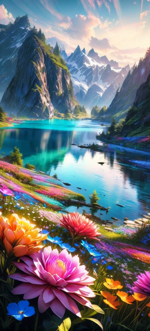 High quality, ultra realistic,absurdres, highres, ultra detailed, HDR, masterpiece, extremely detailed , beautiful colorful flowers , light blue lake , glowing , beautiful landscape