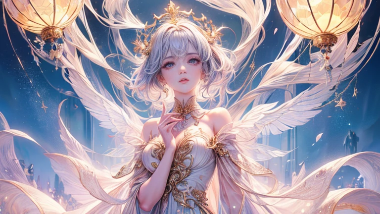 (Highest quality,8k,CG,Beautiful details upper body,,Thumb Girl,Translucent coat dress,Complex facial features,length,Flowing hair,Almond-shaped eyes,Exquisite eye makeup,length (Highest quality,8k,CG,Beautiful details upper body,,Thumb Girl,Translucent coat dress,Complex facial features,length,Flowing hair,Almond-shaped eyes,Exquisite eye makeup,length fluttering eyelashes,Blinking big eyes,Starry Sky,Exquisite lip detail,Soft and harmonious style)(Top quality), (Super detail), (Hi-res) (Top quality), (Super detail), (Hi-res) cute gold angel girl, gold hair, light pink eyes, full body tantra tatto, white metallic sexy Goddess See-through costume, psychedelic healing meditation, Fantasy, beautiful concept art, wirling Elemental,, quality, UHD, from below, stained glass