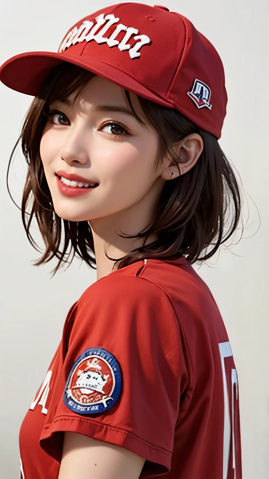 (Highest quality、8k、32K、masterpiece)、(Realistic)、(Realistic:1.2)、(High resolution)、Very detailed、Very beautiful face and eyes、1 Girl、Round and small face、Tight waist、(close、Highest quality、Attention to detail、Rich skin detail)、(Highest quality、8k、Oil paints:1.2)、(Realistic、Realistic:1.37)、Bright colors、(((Red hair)))、(((Upper Body Shot)))、(((Medium Hair)))、(((White wall background)))、(((Fun expression)))、(((Baseball uniform)))、(((Red uniform)))、smile、(((short hair、Baseball cap)))