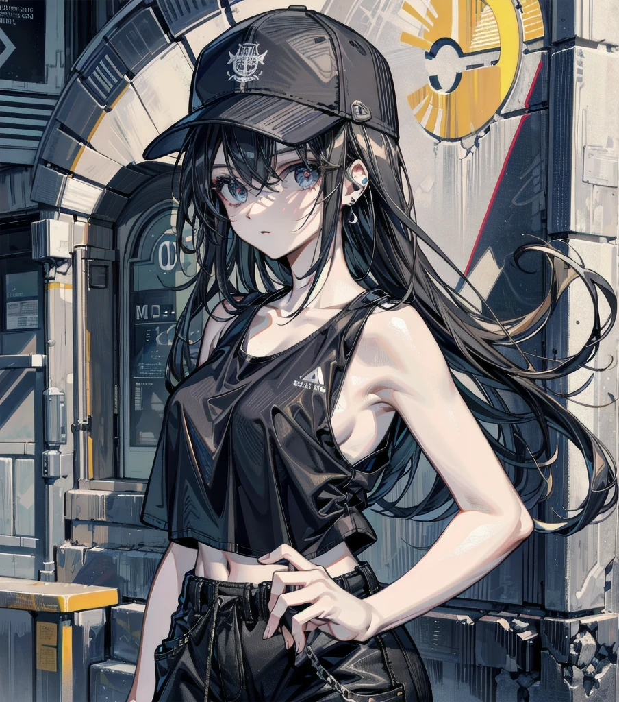 whole body, absurdres, RAW photo, extremely delicate and beautiful, masterpiece, Best Quality, ultra high resolution, 32k, hyperrealistic, ultra-detailed, perfect figure, perfect shape, detailed description, pale skin, 20 years old, detailed beautiful face and eyes, beautiful girl, big tits, medium hair, black hair, tearful mole, earring, baseball cap, black T-shirt, cargo shorts,