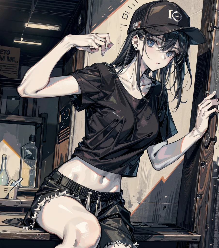 whole body, absurdres, RAW photo, extremely delicate and beautiful, masterpiece, Best Quality, ultra high resolution, 32k, hyperrealistic, ultra-detailed, perfect figure, perfect shape, detailed description, pale skin, 20 years old, detailed beautiful face and eyes, beautiful girl, big tits, medium hair, black hair, tearful mole, earring, baseball cap, black T-shirt, cargo shorts,