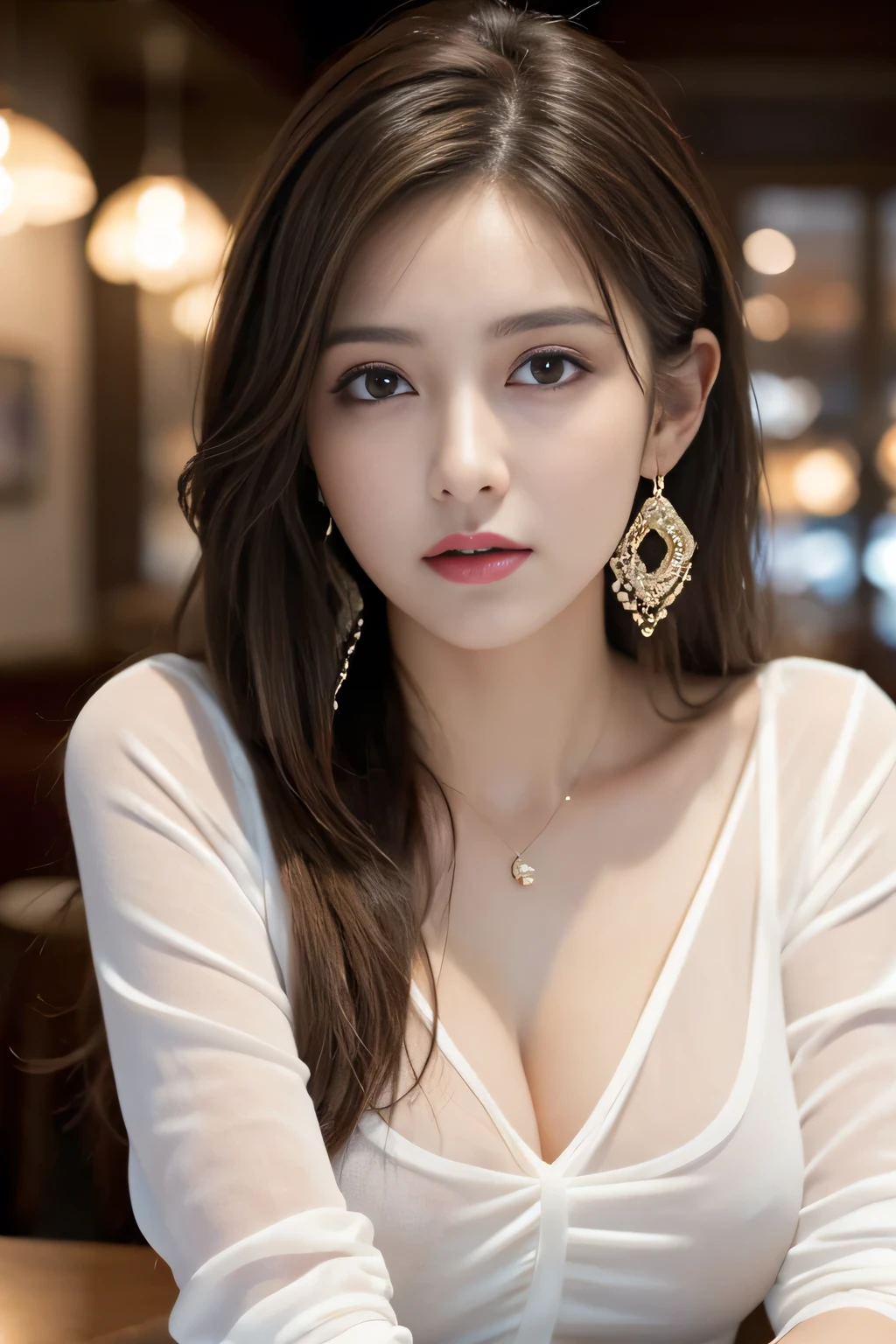 masterpiece, Highest quality, Realistic, Very detailed, Finer details, High resolution, 8k wallpaper, One beautiful woman, Wear a white see-through shirt, In a great restaurant, At night, Light brown messy hair, Perfect dynamic composition, Beautiful and beautiful eyes、Big earrings