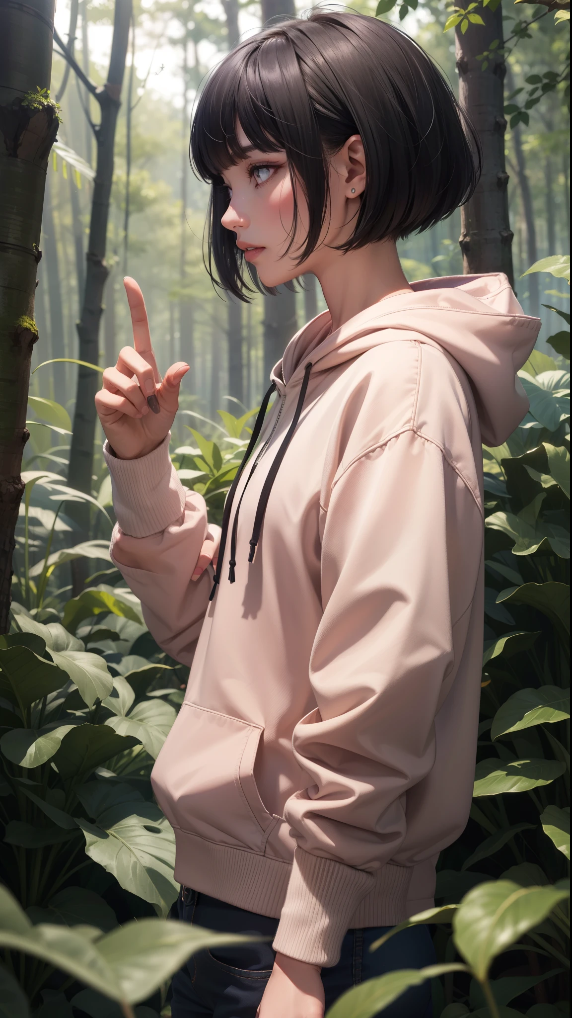 (masterpiece、Highest quality、4k、detailed、delicate、Real)、IncrsPhone、Middle finger、Woman with dark skin、Bobcut、Blunt bangs、Gray Hair、Pink Eyes、hoodie、profile、Upper Body、in the forest、