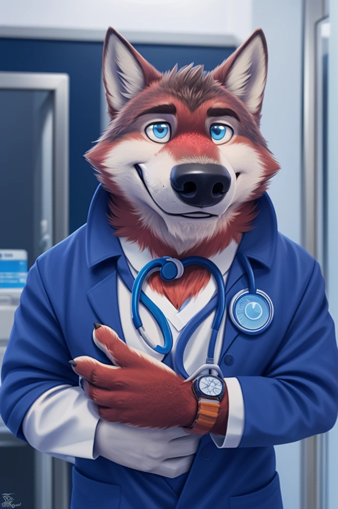 Ivan Fedorovich Wolfbach (Novosibirsk) ,tall handsome, wolf,young, 24 years, brown fur,Kind,(red body:1.3),beautiful blue eyes,Novosibirsk,dressed, medina stethoscope suit,Dr,most kind, canine, wolf, detailed fur, male, antro, paw pads, finger claws,at viewer, 5 fingers, paws, 5 fingers, smile, wrist watch, т nextel,by xenoforge, (difficult, high detail, digital photography, soft focus, RAW species палаты ,very close to the camera, species,Novosibirsk, smile, a good mood, positive, very close to the camera,intensive care unit, newborns, stethoscope, in the neck, 
Photorealism, realistic, photorealistic, digital style, Subsurface scattering,Looking at the viewer,hugs the she-wolf, 
masterpiece, Best quality, ultra realistic, 8 k)